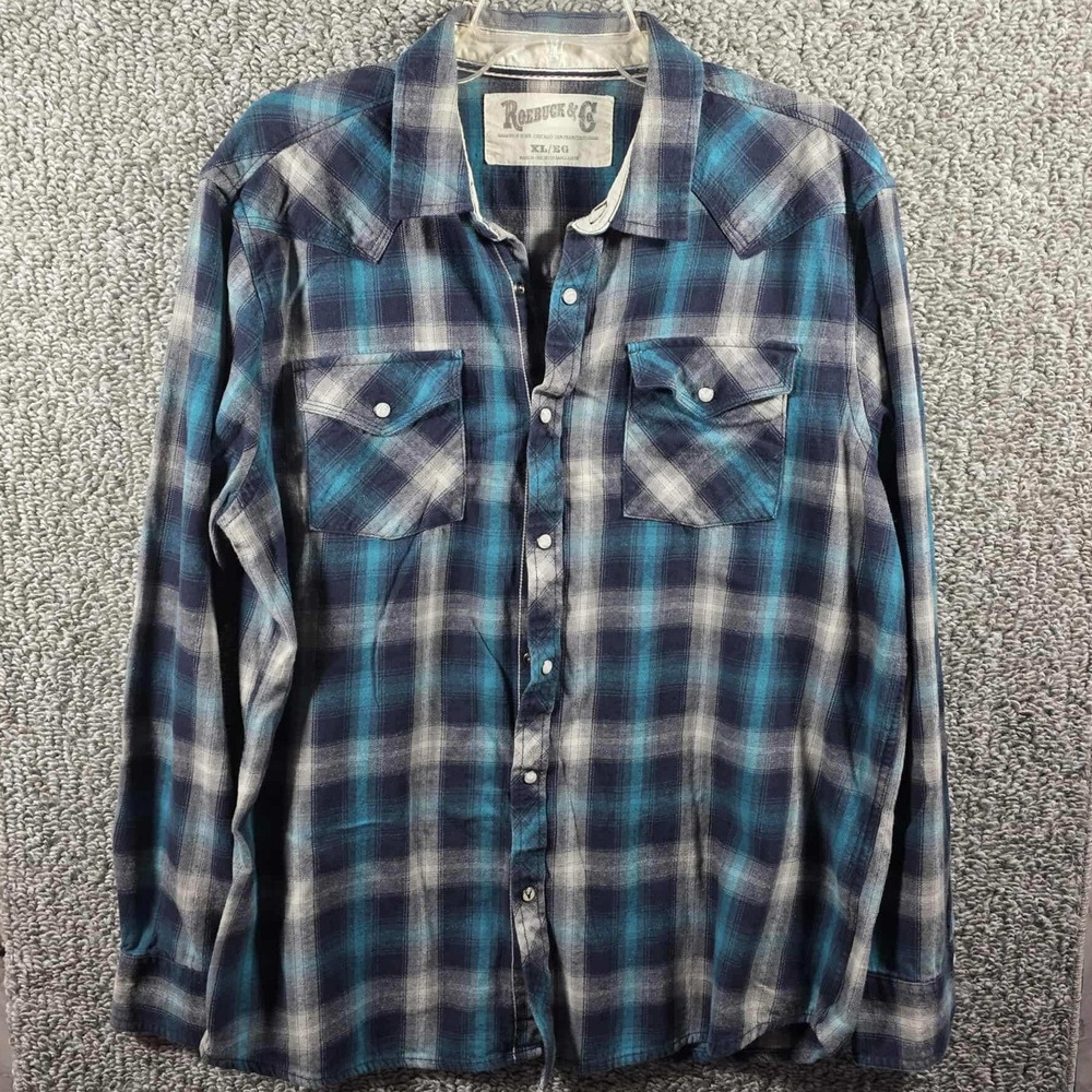 Roebuck & Co Plaid‎ Long Sleeve Button Down Shirt Men's XL Beige Blue